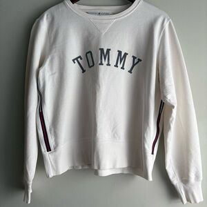 Tommy Hilfiger Cropped Sweatshirt White Logo Crewneck Preppy Sporty L